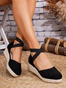 女款極簡踝帶帆布鞋，度假必備黑色絨面踝帶繩底楔形高跟厚底鞋