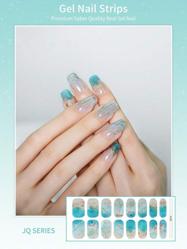 16 قطعة ملصقات أظافر جيل شبه ناضجة, ملصقات طلاء أظافر الجيل التي تحتاج إلى مصباح أشعة فوق بنفسجية ذات طراز شاطئ أزرق، بتصميم طويل الأمد وسهل التطبيق والإزالة