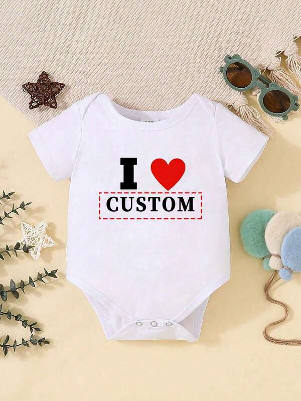 [Custom] Personalized Baby Rompers With Short Sleeves, Cute Casual Jumpsuit Playsuit - White Round Neck Style, Comfortable & Breathable