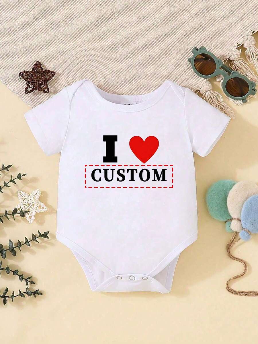 【定制款】个性化婴儿短袖连体衣，可爱休闲款 - 白色圆领，舒适透气