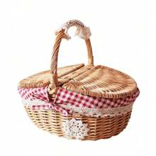 1 pièce Panier de transport rétro en osier pour l'extérieur avec poignée. Panier de pique-nique avec couvercle