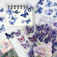6pcs Flower & Butterfly Stickers - Self-Adhesive PET Plastic Stickers For Scrapbooking, Journals, DIY Crafts, With Blue, Gold Accents, Leaves And Butterflies, Rectangular Shape, Scrapbooking Stickers, Butterfly Decor,School Supplies,Back To School