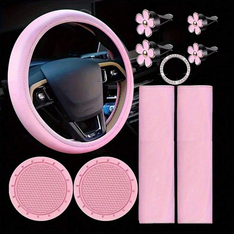 10pcs Pink Leather Steering Wheel Cover For Women Cute Car Accessories Set With Seat Belt Covers Car Coasters Bling Start Button Ring Air Vent Clip