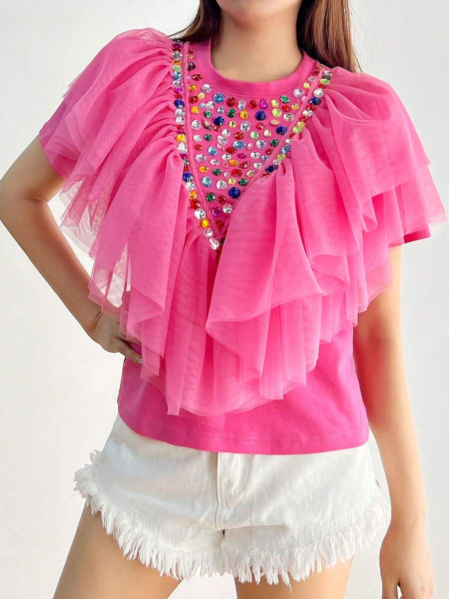 Womens  Colorblock  Cut & Sew  Textured Pattern  Casual  Glass Rhinestone  Asymmetrical    Round Neckline Tees  Daily  Birthday Party  Travel - 粉色 - 查看 1