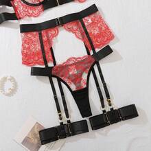 Womens Underwear 4-Piece Exotic Lace Bra  Brief Sets Transparent Bra Panty Fancy Chain Elegant Embroidered Lingerie - 彩色 - 查看 4