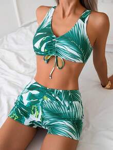 Conjuntos de verano para mujer, bikini con estampado de plantas tropicales y shorts con nudo delantero talla grande cheeky, y kimono de manga larga como cobertura para vacaciones de verano,3 piezas - Verde - Ver 4
