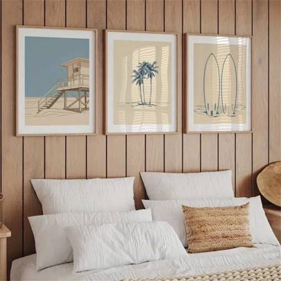 1 pieza/3 piezas Decoración de pared de arte vintage con tema costero, pósteres minimalistas con diseños de palmeras y tablas de surf, escenas marinas, impresiones en lienzo, pinturas de moda para sala de estar, dormitorio, oficina en el hogar, dormitorio, opción de marco, arte de pared con marco