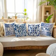 4PCS Blue And White Porcelain Floral "LOVE" "HOME" Letter Pattern Pillow Covers [Without Pillow Inserts], 17.7*17.7in(45*45cm), [Single-Sided Printing], Polyester Decor Pillow Cases, Home Decor, Bedroom Decor, Room Decoration For Sofa, Bed, Living Room, Bedroom, Car, Office, Hotel, Perfect Gift For Family And Friends, All Seasons