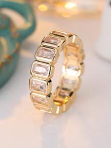 1pc Unique Cubic Zirconia Encrusted Square Design Ring, Suitable For Business, Banquet, Ball, Festival Party Wear