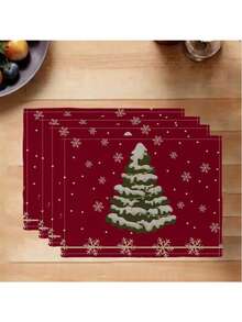 2/4/6 Pieces Of Christmas Tree Snow Pattern Placemat, Linen Kitchen Placemat, 12*18 Inch Home Kitchen Items, Banquet Decoration, Fashion Placemat