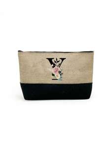 1 set, Bolso de mano tipo tote con estampado de flores con inicial A y correas para el hombro & Set de bolsas de maquillaje con iniciales de la A a la Z, bolso de regalo personalizado con bolsillos laterales, bolso de playa con pañuelo, bolsos de almacenamiento portátiles y de ocio, bolsas de compras multifuncionales, bolsa de almacenamiento simple para viajes