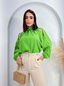Women's Cropped Blouse Long Sleeve Puffed High Neck Ruffled Mother's Day Launch 2025
