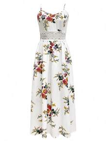 Women's Summer Floral & Leaf Print Bohemian Lace Patchwork Backless High Slit Maxi Slip Dress
