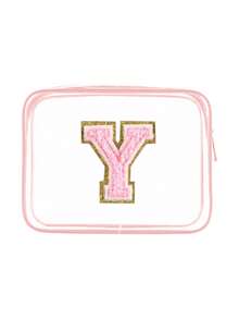 1个透明PVC便携式收纳袋，带毛巾，绣有字母A-Z，大容量化妆品收纳包，防水，带拉链，化妆包，化妆品袋，旅行收纳包，美妆包，可装口红