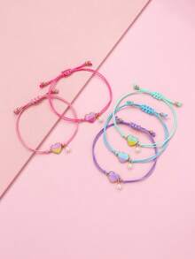 Set de 5 piezas de brazaletes de aleación de zinc con forma de corazón, perlas multicolor con cera y cordón de algodón trenzado de colores, adecuado para joyería de uso diario - Multicolor - Ver 4