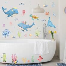 Decoração Simples de Outono Adesivo de Banheira com Animais do Oceano Azul, Adesivo de Parede para Decoração de Banheiro com Golfinho Azul do Mar e Água-Viva, Decalque Autoadesivo de Banheira, Adesivo de Decoração de Parede de Bottom de Banheira, Adesivo de Decoração de Banheiro Doméstico Volta às Aulas