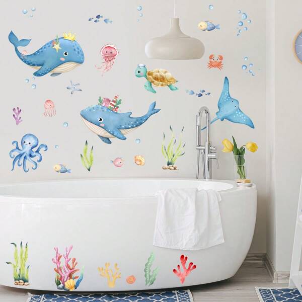 Einfache Sommer Blauer Ozean Tier Badewannen Aufkleber, Blauer Meeresdelphin Quallen Badewanne Badezimmer Dekor Wandaufkleber, selbstklebende Badewanne Abziehbild, Badewanne Hintergrund Wand Dekorations Aufkleber, Zuhause Badezimmer Badewanne Dekorations Aufkleber Schulanfang