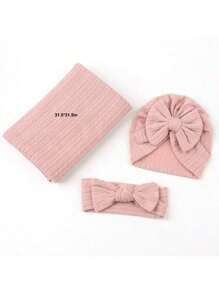 Set de 3 piezas de manta, gorro y diadema para bebé recién nacido, de unicolor con textura de trigo