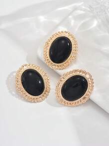 3pcs/Set Elegant Vintage Classic Geometric Oval Inlaid Black Resin Women Stud Earrings & Ring Set, Suitable For Casual Daily Wear