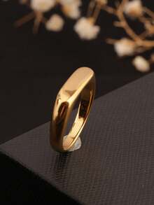 1 pièce Bague signet à barre lisse géométrique plaquée or 18 carats en acier inoxydable, élégante et polyvalente, mode personnalisée, convient pour le port quotidien et les fêtes, cadeau pour la petite amie ou la meilleure amie - Bague en  artificiel cabochon couleur or, taille diamant. - Voir 1