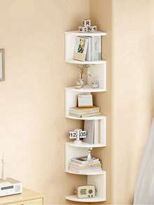 1pc 5-Tier Corner Floating Shelf, Black Plastic Wall Mounted Storage Rack, No Drill Triangle Design, Multi-Function Wooden Display Rack, Suitable For Living Room, Bedroom And Bathroom - Ideal For Home Office And Decor, Practical Storage Shelf, Useful For Back To School Season Bathroom Accessories - Multicolor - View 6