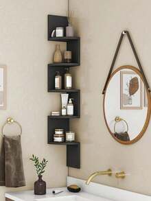 1pc 5-Tier Corner Floating Shelf, Black Plastic Wall Mounted Storage Rack, No Drill Triangle Design, Multi-Function Wooden Display Rack, Suitable For Living Room, Bedroom And Bathroom - Ideal For Home Office And Decor, Practical Storage Shelf, Useful For Back To School Season Bathroom Accessories - Multicolor - View 2