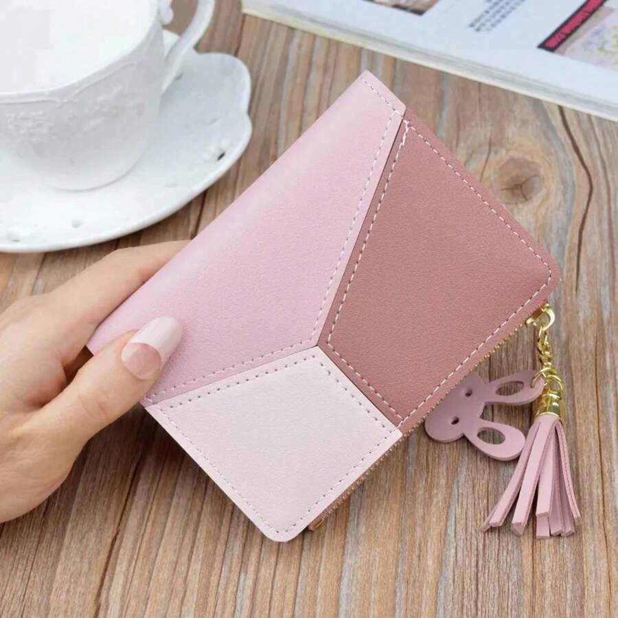 Fashion Wallets, Women's Wallets, Short Wallets, Portable Pouches, Small Handbags, Women's Card Holders, PU Leather, Foldable Coin Purses - Pink - View 1