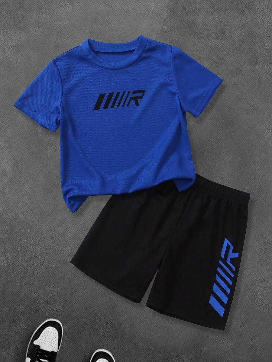 Bộ 2 món/bộ áo phông và quần short in chữ thể thao & thiết kế lưới thoáng khí khô nhanh màu xanh cho bé trai, thời trang mùa hè - Màu xanh lam - Xem 1