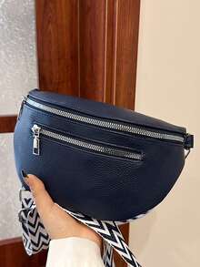 女士 PU 皮革斜挎包/腰包，新款休闲小号单肩包，纯色简约百搭胸包 - 藏蓝色 - 查看 3