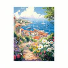 Kit da ricamo in diamanti 5D con scena di lago tranquillo - kit completo con puntini rotondi, scena di una barca e di una finestra su tela, decorazione per la casa vivace, nuovo kit di pittura di diamanti
