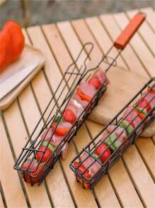 1pc Portable Metal Charcoal Grill Basket With Wooden Handle - Suitable For Vegetables And Meats, Great For Outdoor Camping, Picnics And Hiking, Barbecue Accessories