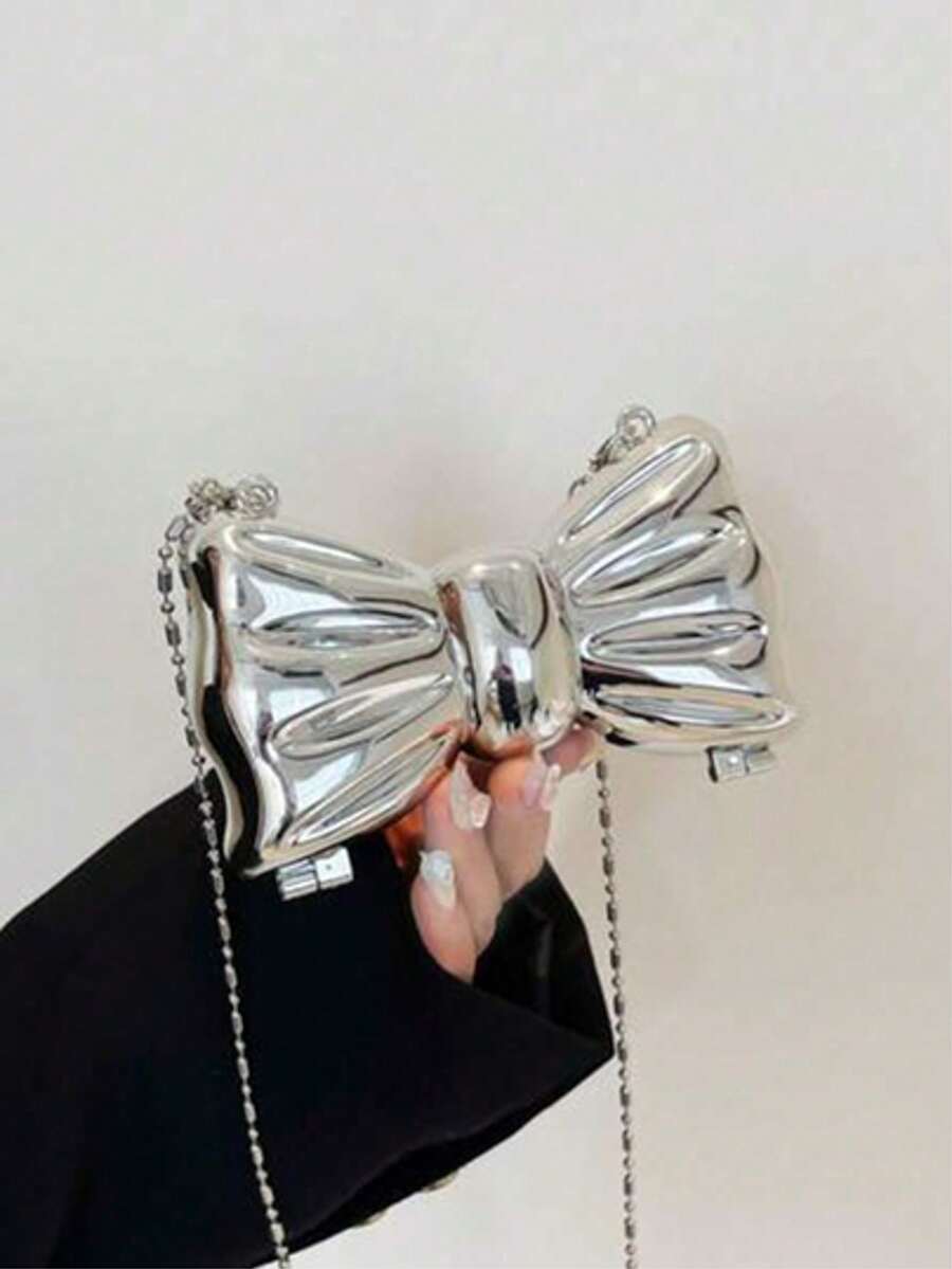 Mini Bowknot Mini Evening Bag, Small Personalized Fashion Chain Lipstick Bag For Women, Suitable For Valentine's Day, Party, Date, Decorative Shoulder Crossbody Bag, Coin Purse, Silver, Gold Earphone Case - Bạc - Xem 1