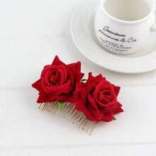 1 Stück Rosen Blumen Haarclip für Frauen, Rosen Blumen Haarzubehör, Hochzeit Haarclip für Flamenco Tänzerin (Rot), Seitenkämme, Schulsachen