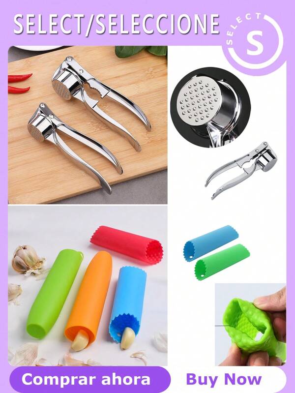 2-In-1 Garlic Combination Set Stainless Steel Press/Mincer & Silicone Peeler Roller - Multi-Functional, Non-Slip Kitchen Tools For Effortless Cooking