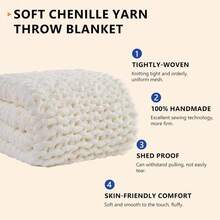 Chunky Knit Blanket - Soft Chenille Yarn Throws 40x50: Handmade Thick Cable Crochet Blanket - Large Chunky Yarn Rope Knot Throw For Couch, Sofa, Bed Home Decor - 奶油白 - 查看 2