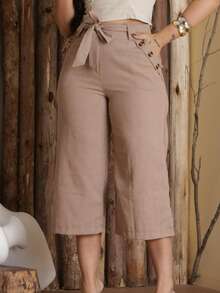 Women's Pantacourt Linen High Waist Trousers With Bow And Pockets - 摩卡棕 - 查看 1