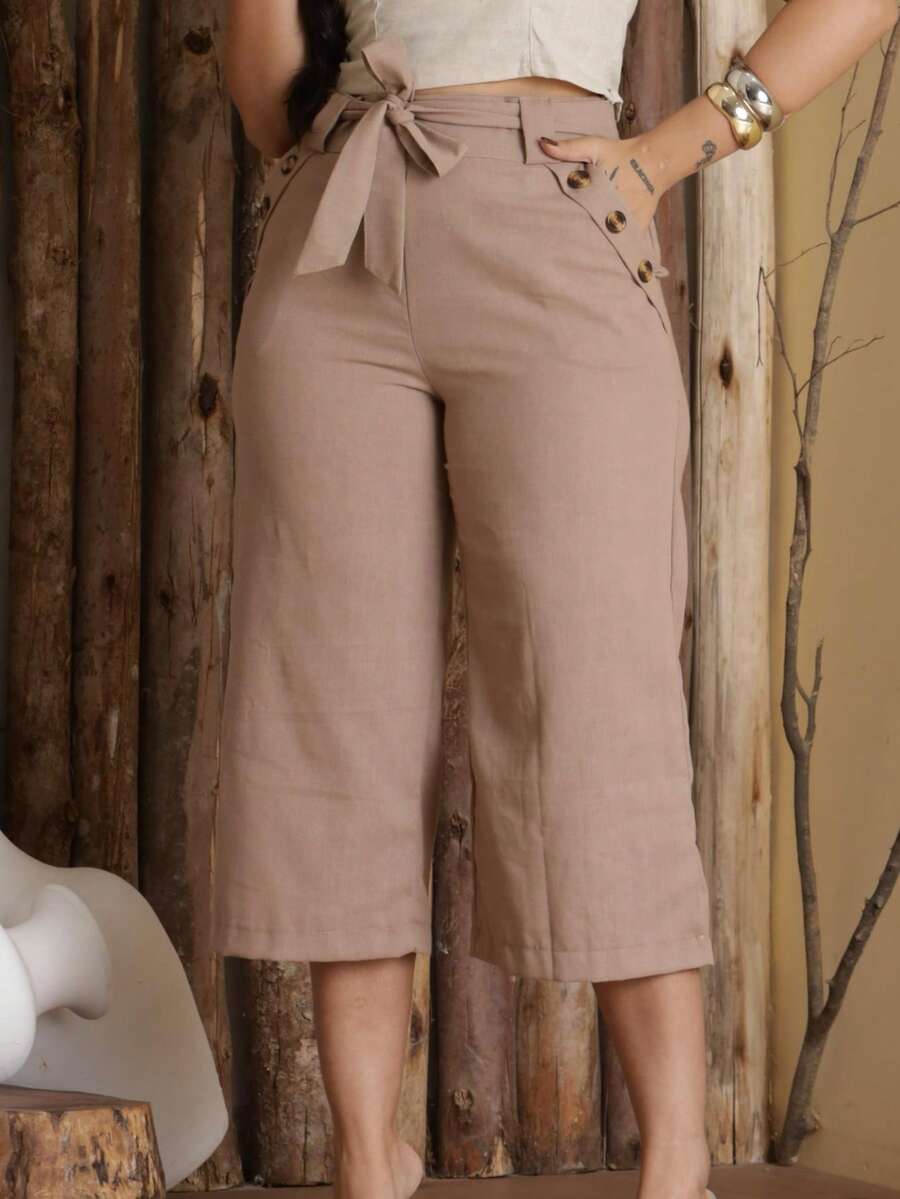 Women's Pantacourt Linen High Waist Trousers With Bow And Pockets - 摩卡棕 - 查看 1