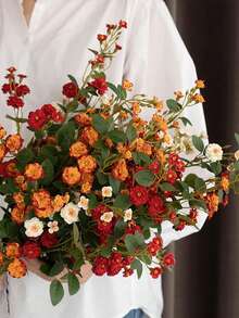 Buquê de rosas artificiais 3/5 peças, flor artificial de rosa/margarida laranja de outono, decoração de casa em estilo boêmio, adequado para casamentos, buquês de noiva, aniversários, arranjo de flores em vaso faça você mesmo, artigos para festas de fim de ano, decoração de quarto de fazenda de outono | Ação de Graças, Festival da Colheita, decoração de Halloween | Plantas artificiais