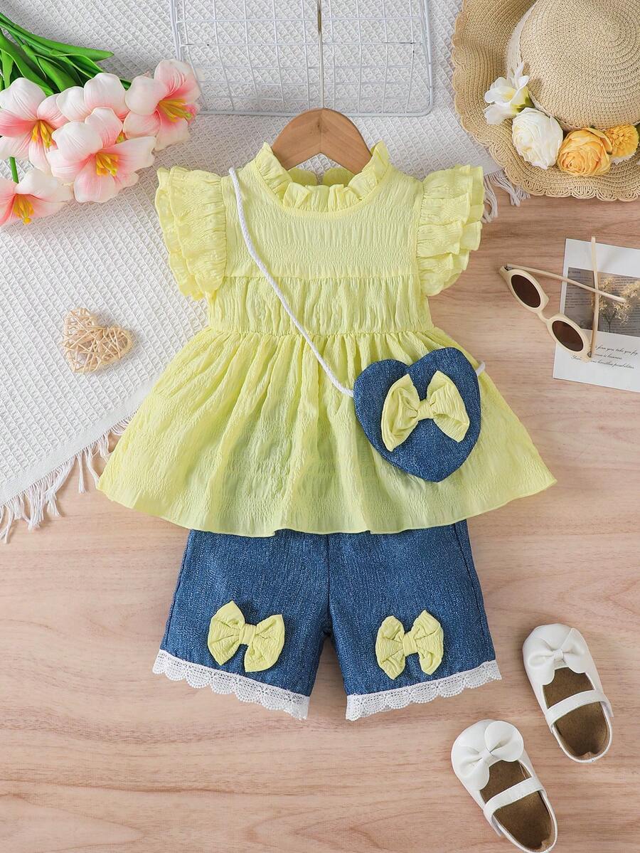 2 件套女婴休闲时尚黄色双层盖袖连衣裙白色蕾丝下摆短裤套装带蝴蝶结装饰口袋和迷你包，夏季 - 黃色 - 查看 1