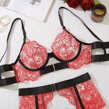 Womens Underwear 4-Piece Exotic Lace Bra  Brief Sets Transparent Bra Panty Fancy Chain Elegant Embroidered Lingerie - 彩色 - 查看 3