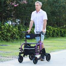 WALK MATE 2 In 1 Rollator Walker Transport Chair For Seniors, 10" Wheels Medical Rollator For Seniors With Widen Seat Backrest, Detachable & Adjustable Footrests Folding Walker Wheelchair Combo - Purple - View 10