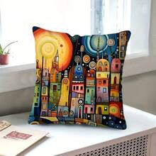 1 chiếc vỏ gối trang trí họa tiết nhà cửa nhiều màu sắc, chất liệu vải polyester in họa tiết phong cách trung cổ, có thể giặt máy, có khóa kéo tháo rời, thích hợp để trang trí nhà cửa và làm quà tặng ngày lễ, kích thước 44,96 x 44,96 cm. - Nhiều màu - Xem 4