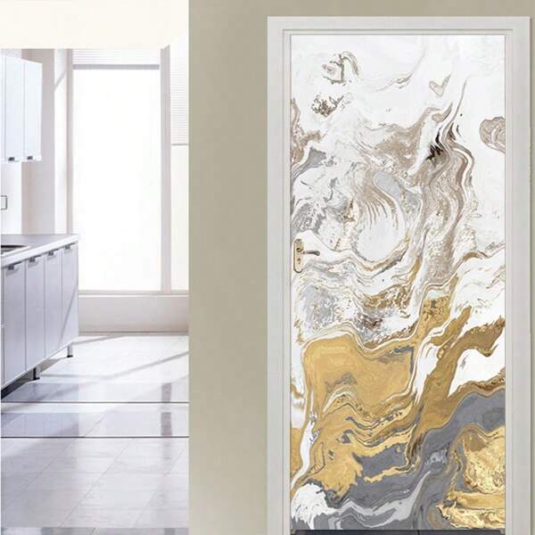 1 Set/2pcs Self-Adhesive Waterproof Door Sticker, Removable Wallpaper Wall Mural 3D Door Decal, Modern Luxury Gold Line Geometric Pattern, Suitable For Indoor Outdoor Bedroom Kitchen Wall Cabinet Door Decoration, 30.3"W X 78.7"L