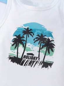 Set casual da spiaggia da 9 pezzi per bambini maschi, composto da canotta senza maniche con stampe di squali e palme + pantaloncini stampati