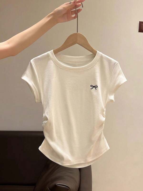 Girls' Bow Embroidery Pleated Slim Fit Crew Neck T-Shirt, Casual And Versatile, Sizes For Older Tween Girl