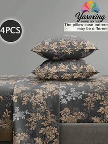 4 件深灰色复古花卉植物花卉图案床单套件，1 件床笠和 1 件床单和 2 件枕套床上用品床垫保护套（不包括枕芯），豪华床笠套装特大号双人床全尺寸床单深口袋最大可达 11.8 英寸枕套，柔软透气防皱，更适合睡眠，豪华酒店风格，送给妈妈爸爸朋友宿舍床上用品返校床上用品的礼物