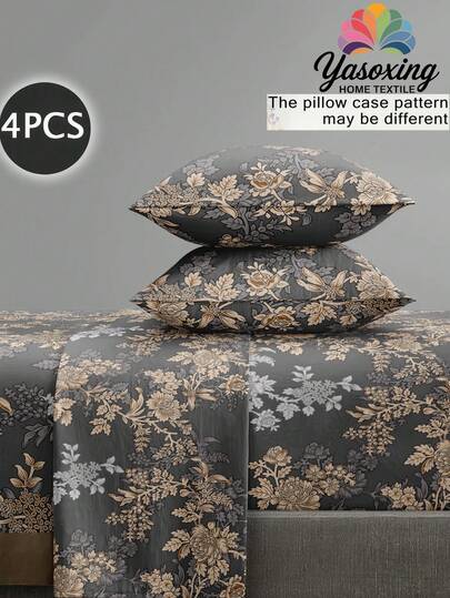 4 delar mörkgrått vintageblommigt botaniskt blommönster lakanset, 1 st. dra-på-lakan & 1 st. platt lakan & 2 st. örngott sängkläder madrasskydd set (exklusive kuddekärna) lyxigt dra-på-lakanset king size queen size dubbelsäng lakan djupa fickor upp till 11,8 tum örngott, mjukt andningsbart skrynkelfritt bättre för sömn, lyxig hotellstil, present till mamma pappa vän sovsal sängkläder rygg skolsängkläder