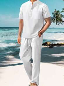 Mens Pants Set Loose Solid Color Short Sleeve Henley Tops Drawstring Pants 2 Piece Causal Outfit