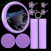 10pcs Pink Leather Steering Wheel Cover For Women Cute Car Accessories Set With Seat Belt Covers Car Coasters Bling Start Button Ring Air Vent Clip