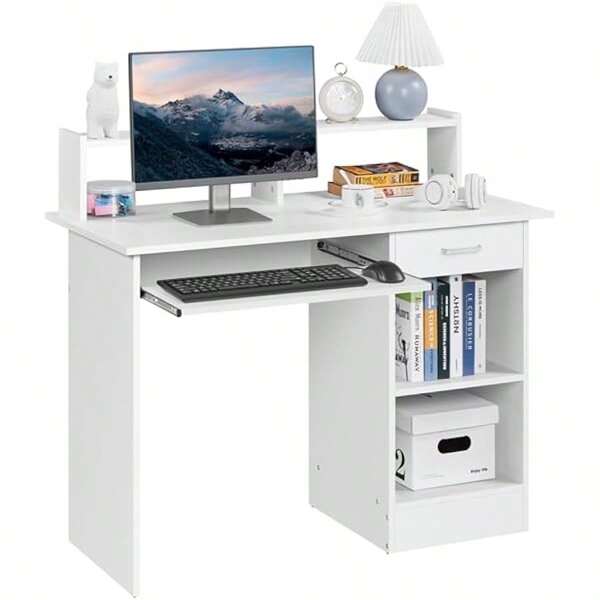 Yaheetech Scrivania per Computer Bianco Tavolo per PC da Studio con Cassetto Scrittoio con Libreria da Ufficio Saaspazio Cameretta 106 x 50 x 94 cm